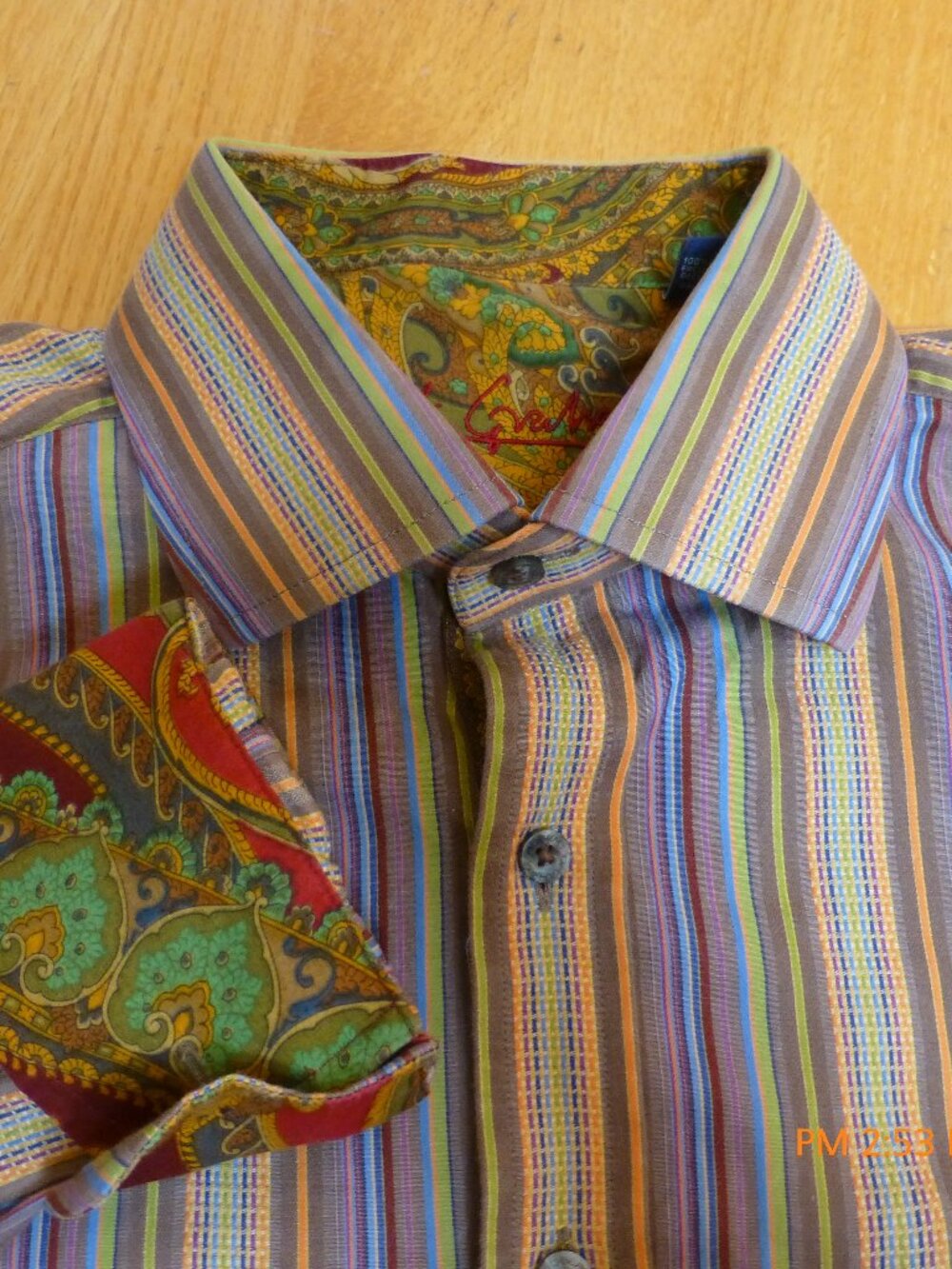 Robert Graham Flip Cuff Men's Olive Green Stripe Long Sleeve Shirt LG